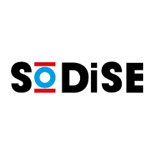 Logo de « SoDise » avec le « O » représenté par un cercle bleu avec des barres rouges au-dessus et en dessous.
