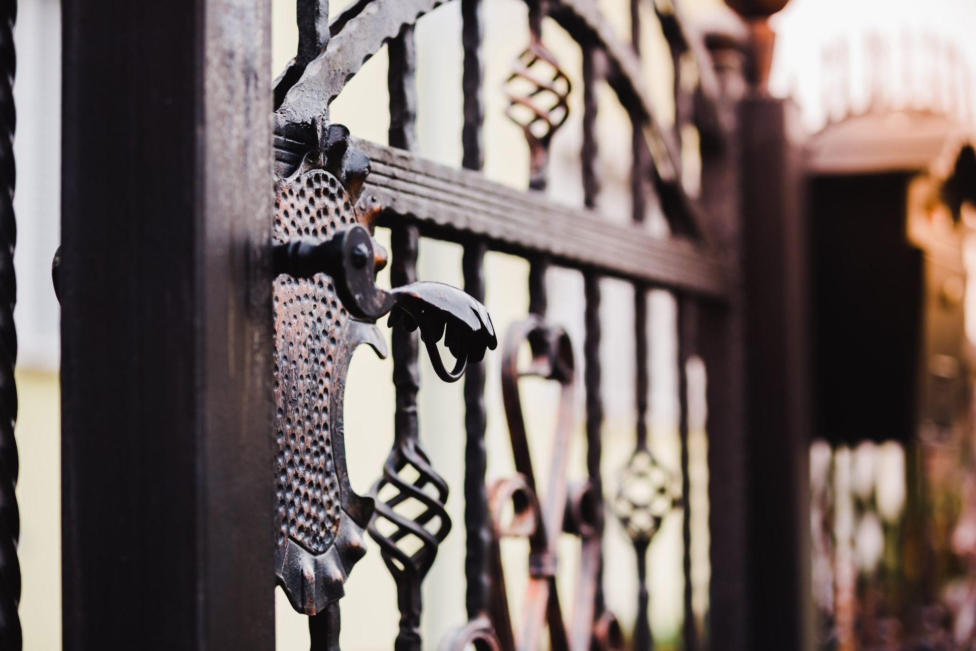Puerta de hierro forjado ornamentada de color negro con manija decorativa y espirales, parcialmente abierta durante el día.