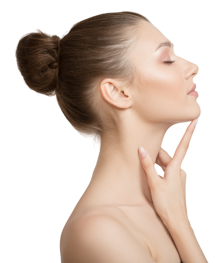 Femme de profil se touchant le menton, yeux fermés, cheveux relevés en chignon. 