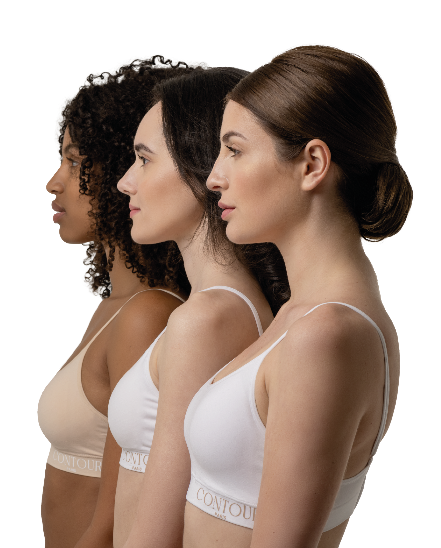 Trois femmes portants des brassières, de profil.