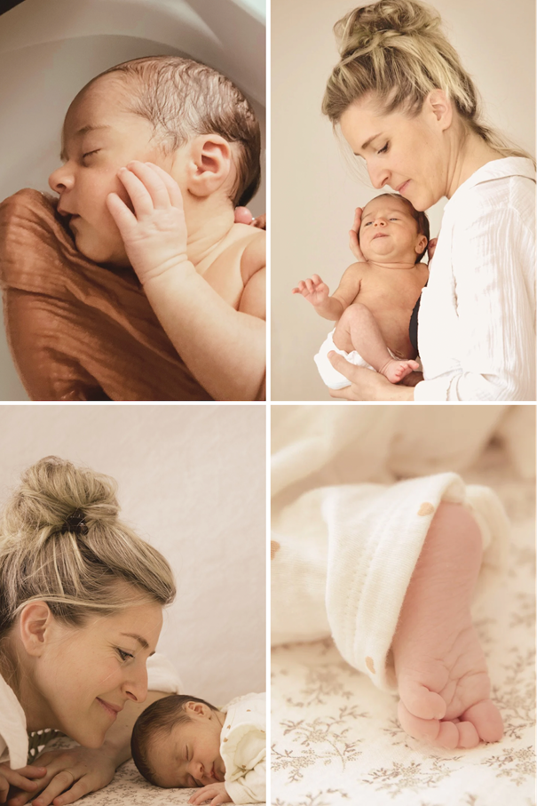 Quatre photos d'un nouveau-né avec sa mère.
