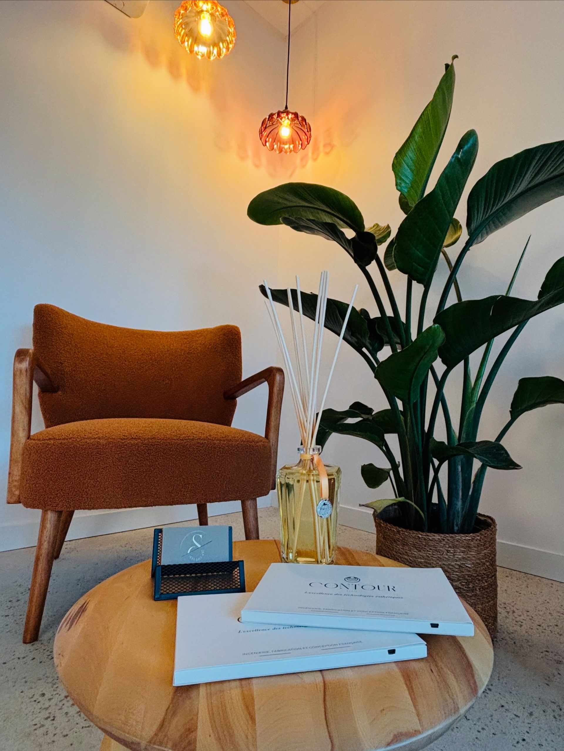 Un coin d'attente confortable avec un fauteuil orange, une table ronde en bois et une grande plante en pot.