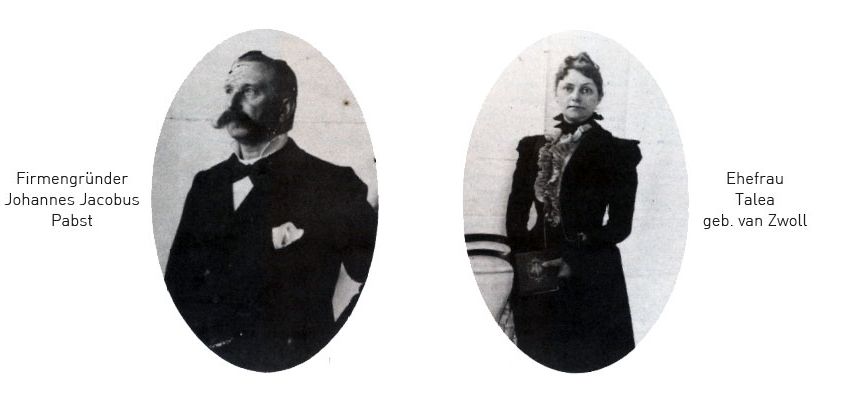 Johannes Jacobus Pabst der erste und seine Frau Talea Schwarz-weiß-Bild aus dem Jahr 1895, es zeigt den Firmengründer Johannes Jacobus Pabst und seiner Frau Talea