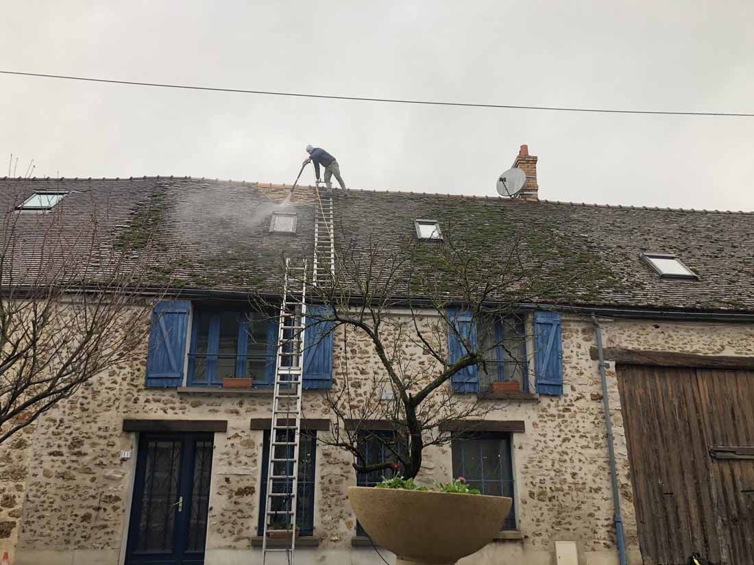 Une homme pulvérise un produit fongicide sur un toit