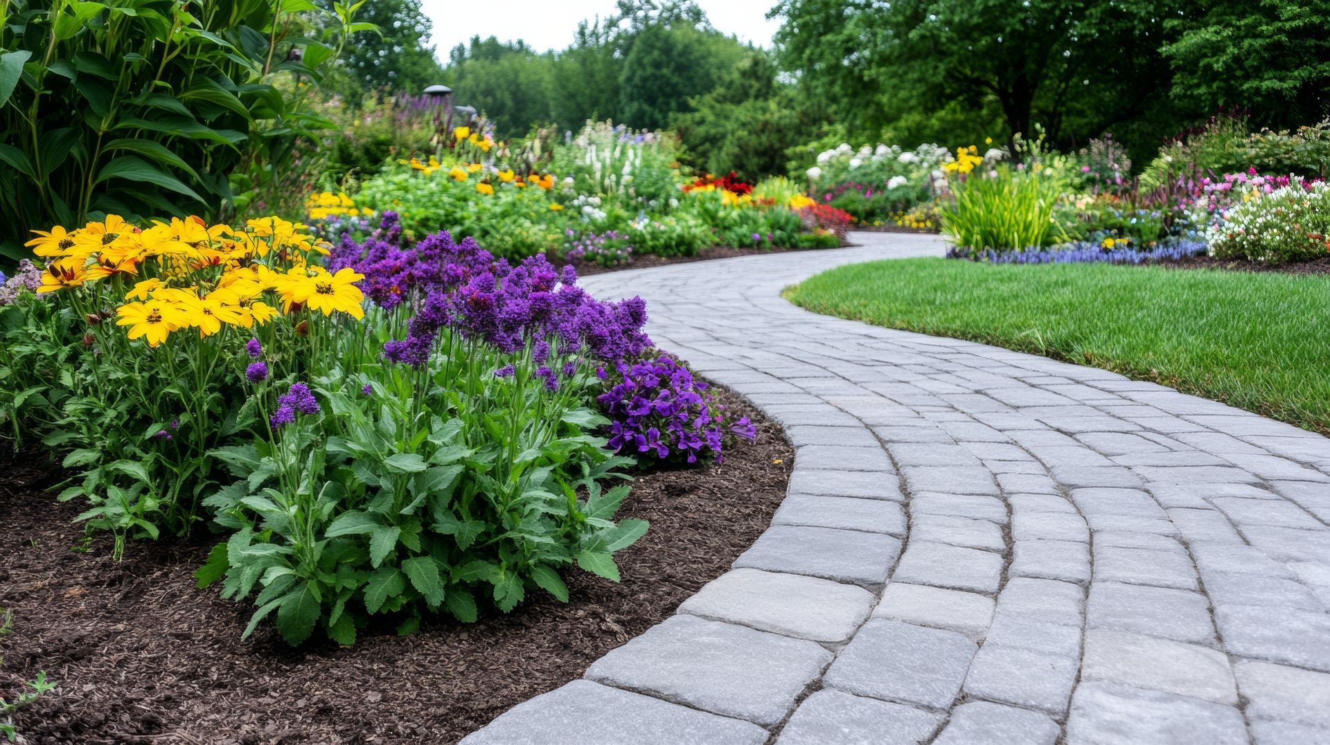 Chemin de pierre sinueux traversant un jardin fleuri aux couleurs chatoyantes : violet, jaune et rose.