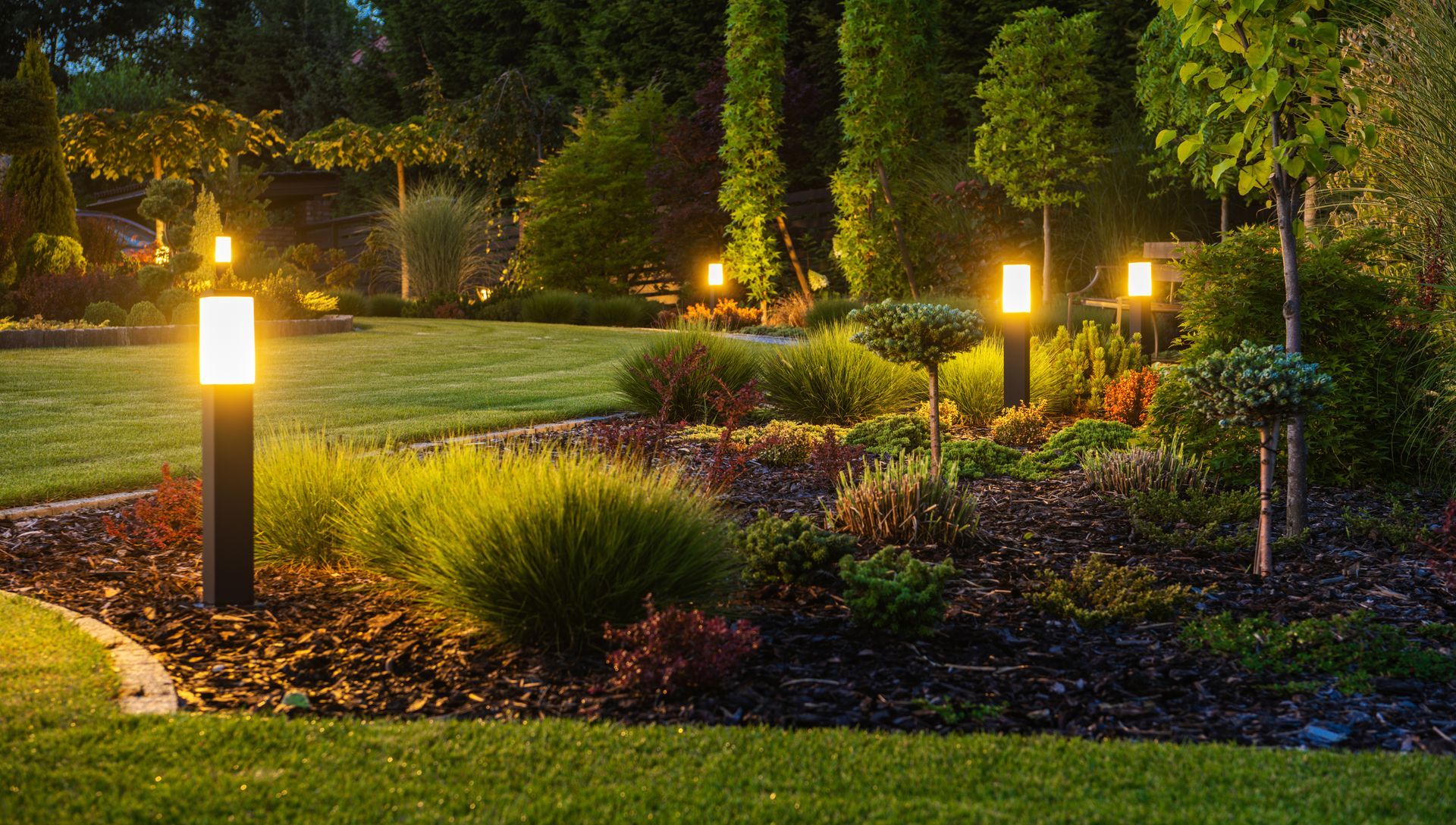 Allée de jardin illuminée par des lanternes scintillantes, arbustes taillés et arbres au crépuscule.