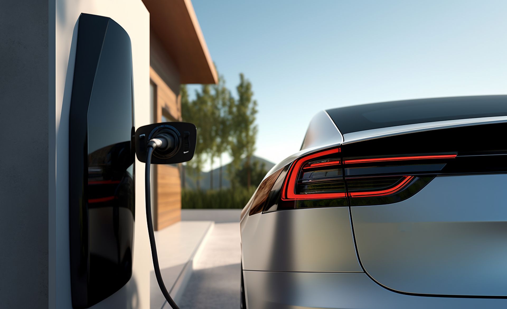 Voiture électrique en charge le long d'un mur, avec le feu arrière et la prise de charge visibles.