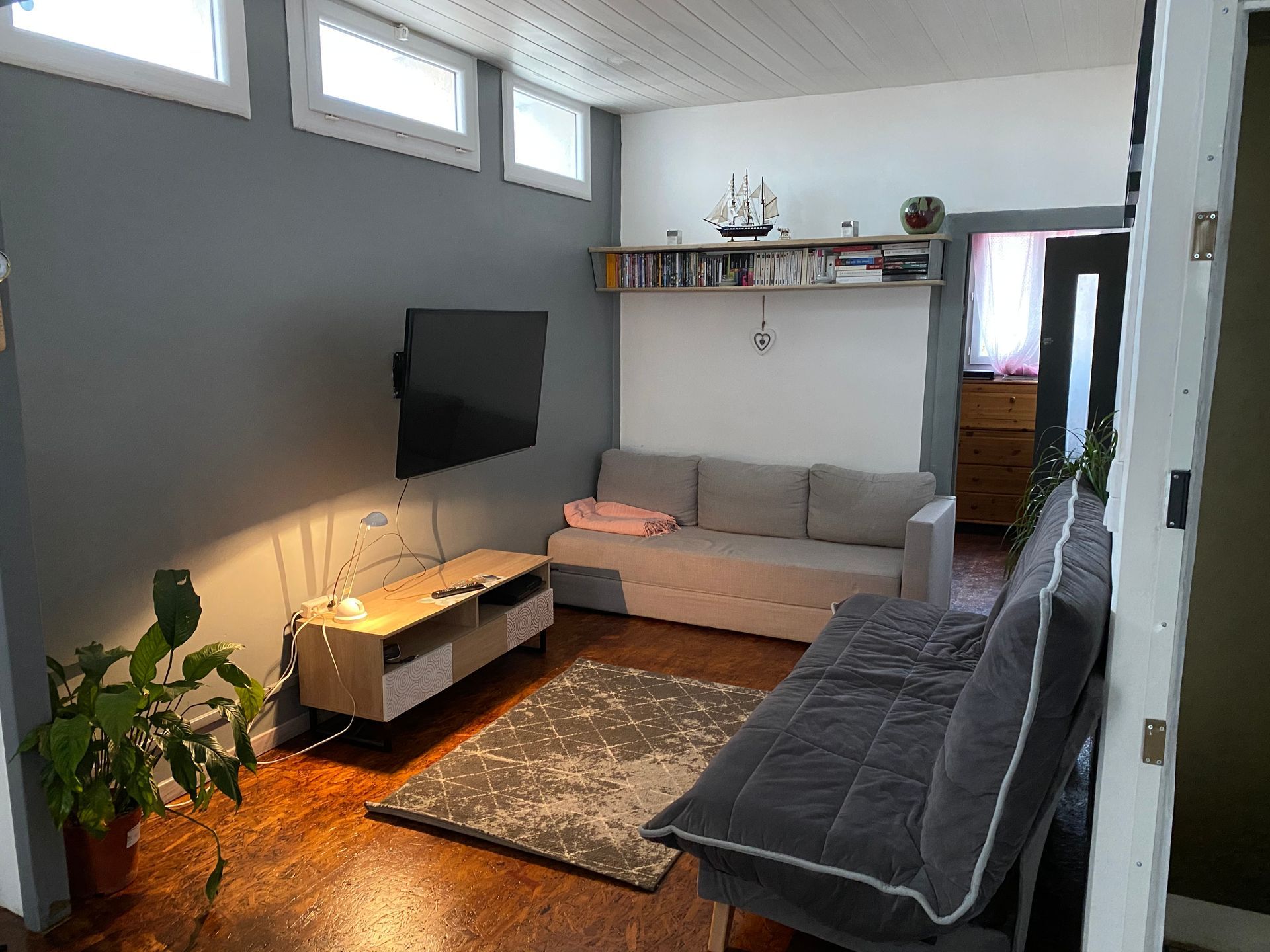 Salon confortable avec canapés, télévision murale, plante, tapis et hautes fenêtres.