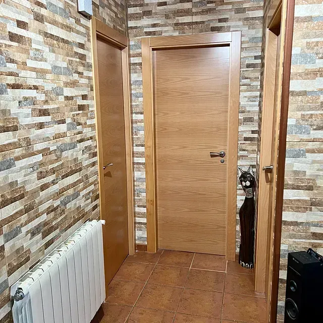 Un pasillo con paredes de ladrillo y una puerta de madera.