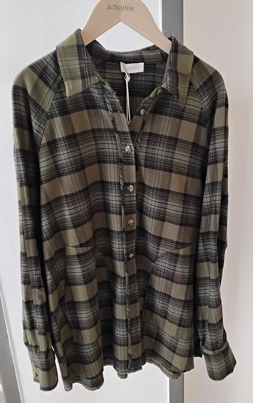 Grün-schwarz kariertes Button-Down-Hemd hängt auf einem hölzernen Kleiderbügel vor weißem Hintergrund.