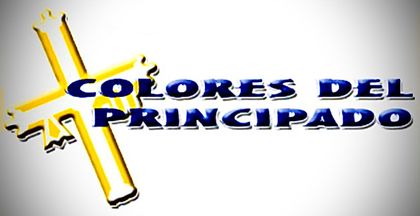 Cruz amarilla con el texto "COLORES DEL PRINCIPADO" en azul.