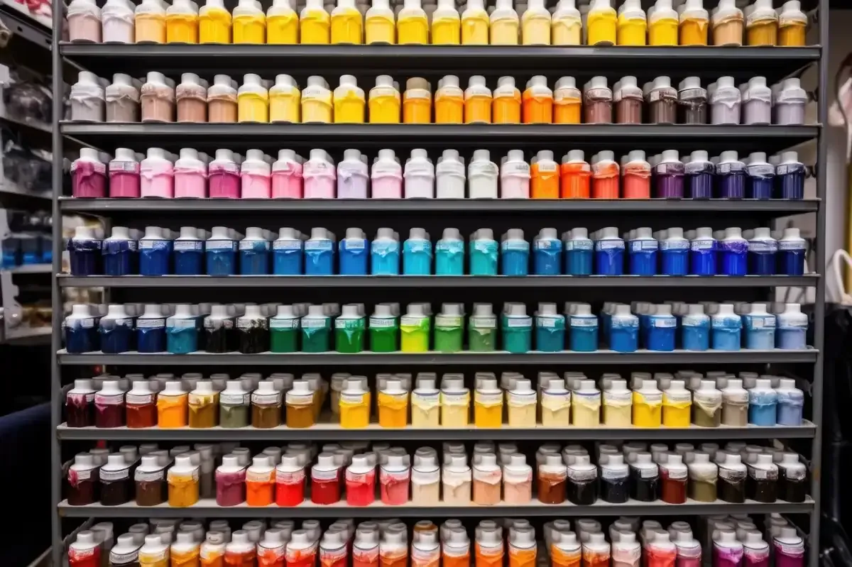 Filas de botellas de pintura exhibidas en estantes, dispuestas en gradientes de color.