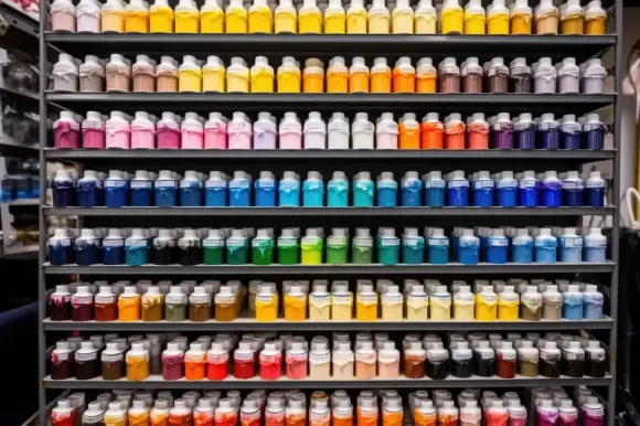 Filas de botellas de pintura exhibidas en estantes, dispuestas en gradientes de color.