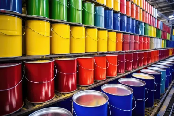 Filas de latas de pintura de colores en estantes, que abarcan un arcoíris de tonos.