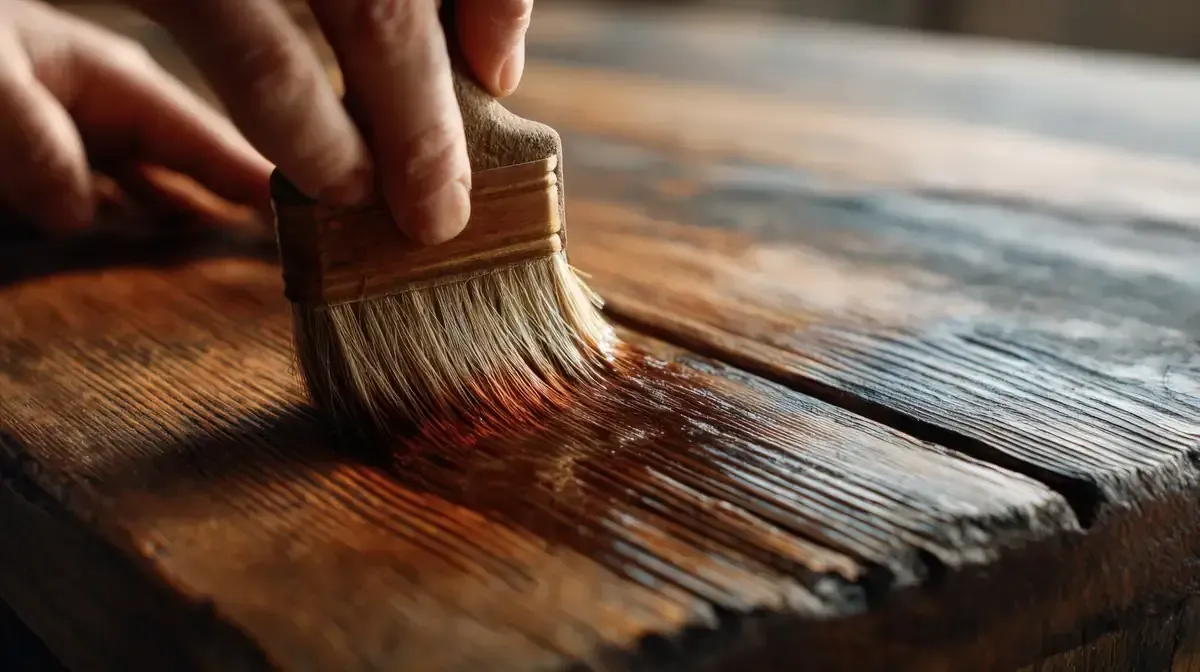 Aplicación manual de tinte marrón sobre una superficie de madera con un pincel.