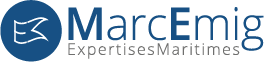 Logo MarcEmig avec ic&ocirc;ne d'oiseau bleu et texte &laquo; ExpertisesMaritimes &raquo; en gris et orange