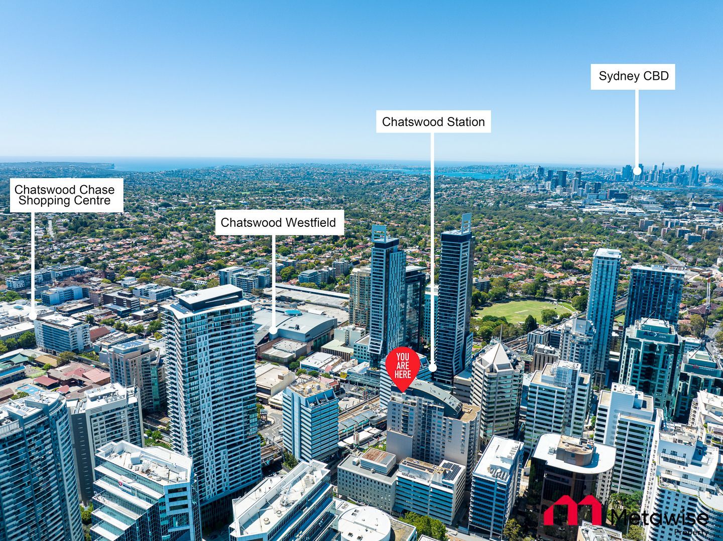 An aerial view of a city with lots of tall buildings and trees.