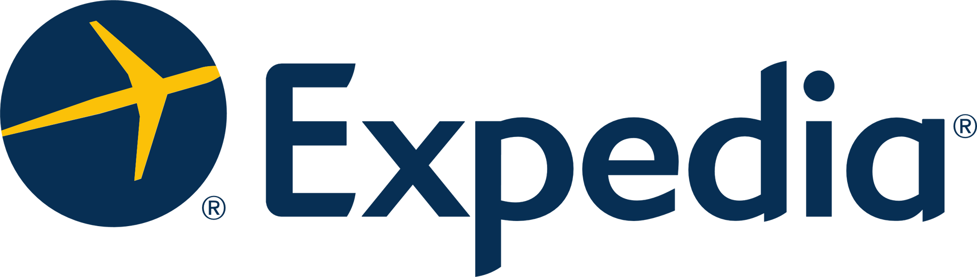 A logo for expedia with a blue circle and a yellow star