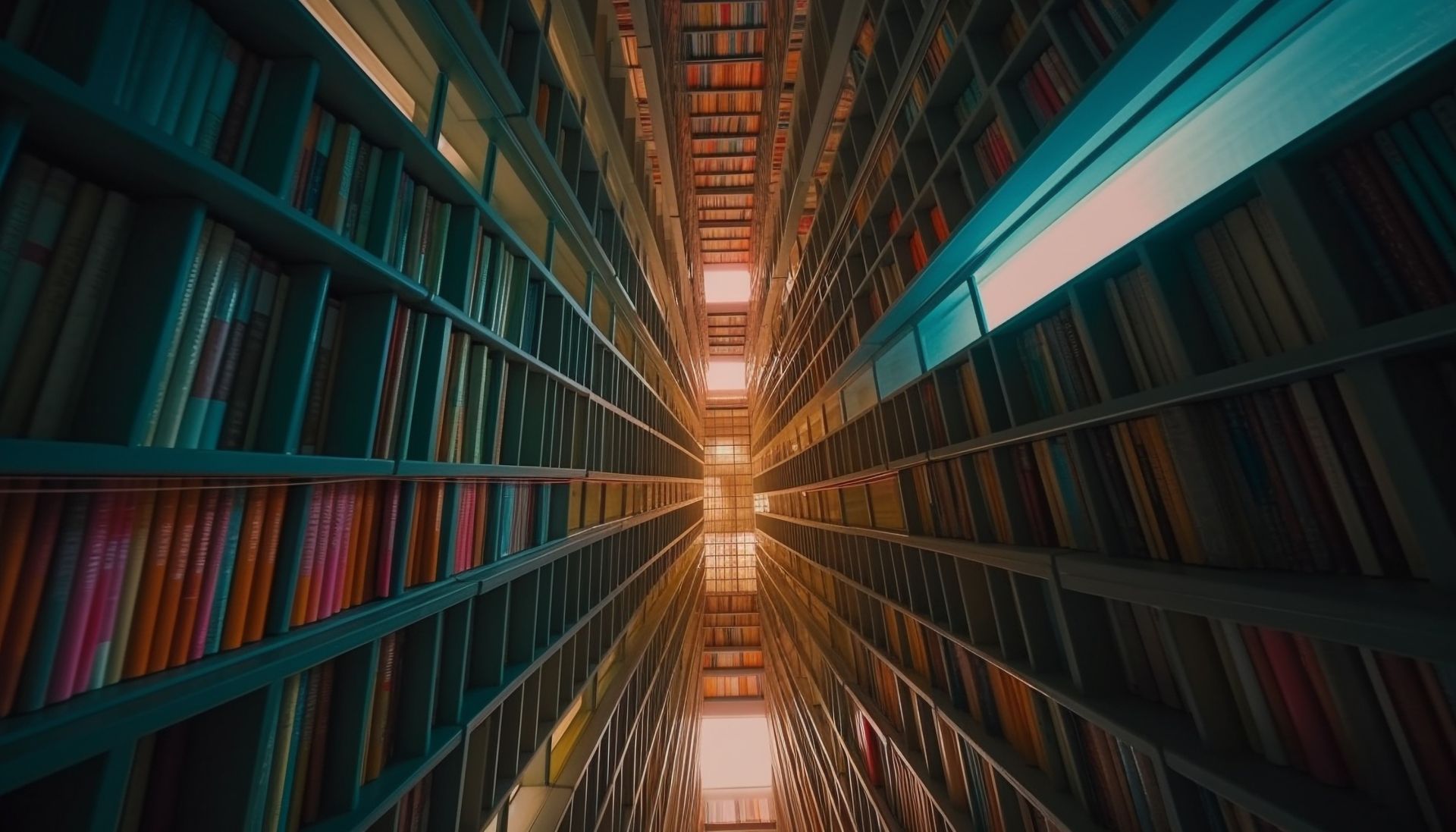 Mirando hacia una biblioteca llena de libros.