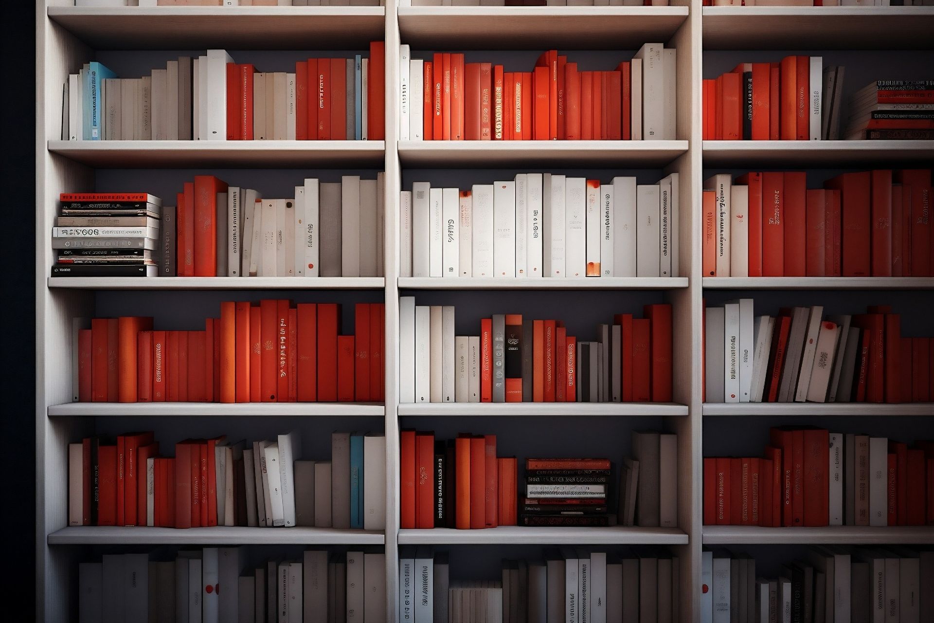 Una biblioteca llena de muchos libros rojos y blancos.