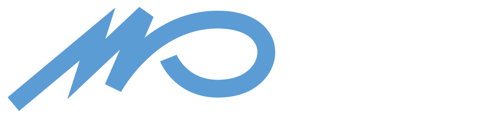 Ein blaues Mo-Logo auf weißem Hintergrund.