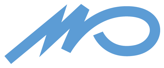 Ein blaues Mo-Logo auf weißem Hintergrund