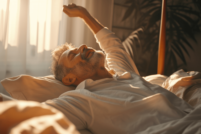 Ein Mann liegt mit ausgestreckten Armen im Bett.