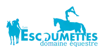 Logotipo azul: Jinetes, dos a caballo, uno saltando, texto 