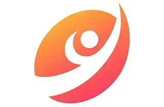 Logotipo abstracto naranja y rojo de una persona con los brazos levantados dentro de una forma ovalada.