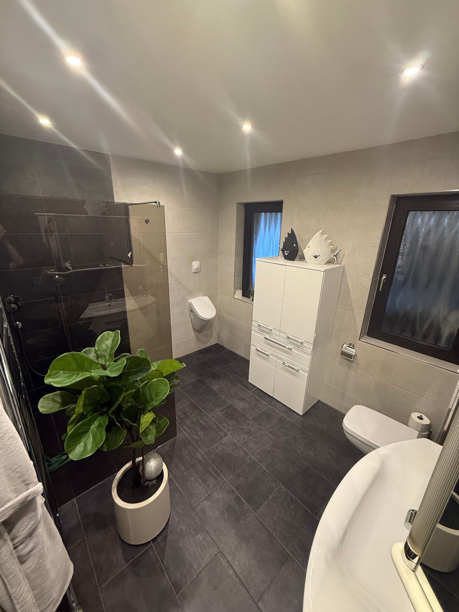 Modernes Badezimmer mit dunklem Boden, schwarzer Dusche, weißen Armaturen und einer Pflanze.