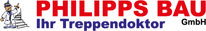 Logo der Philipps Bau GmbH mit einer Arztfigur, die auf eine Treppe zeigt. Text: „Ihr Treppendoktor.“