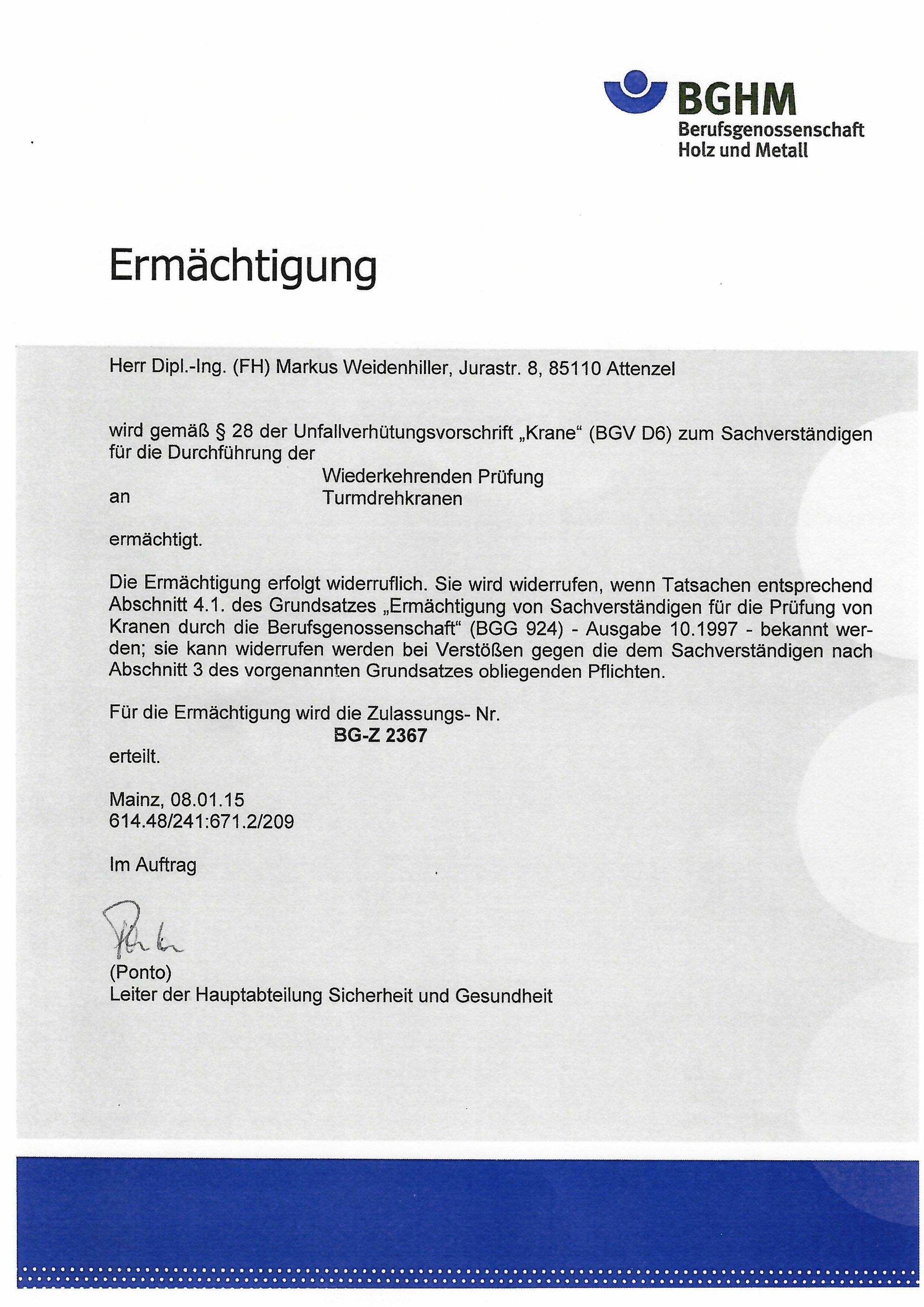 Ein offizielles Dokument der BGHM mit der Überschrift