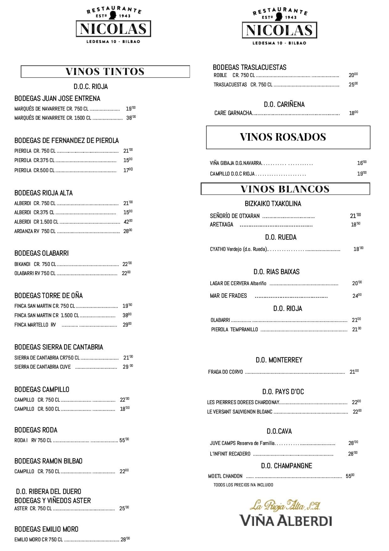 Carta de vinos con secciones para vinos tintos, rosados y blancos.