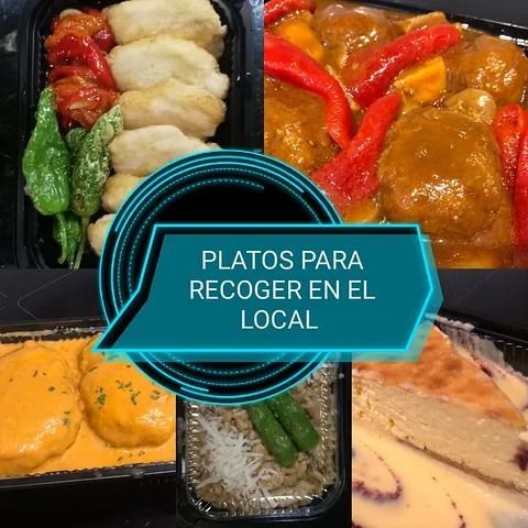 Platos para recoger en el local: comida frita, guiso, pasta y pastel en envases para llevar. El cartel dice