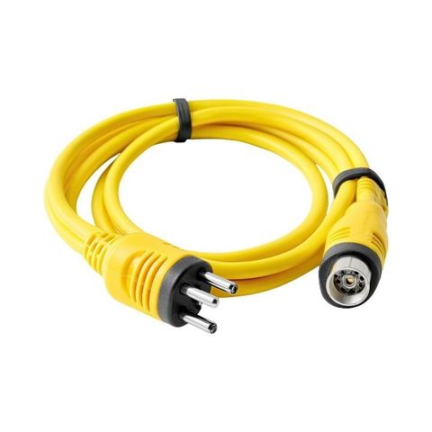 Cable amarillo con un conector macho de 3 pines y un conector hembra multipin, enrollado y asegurado con una banda negra.