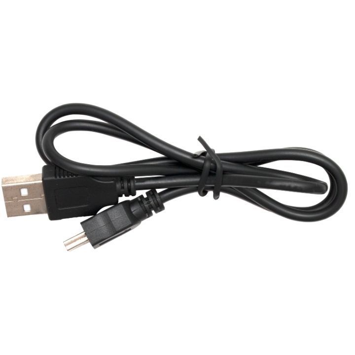 Cable de carga USB negro. Conector USB-A a mini-USB. Sujeto con una brida negra.