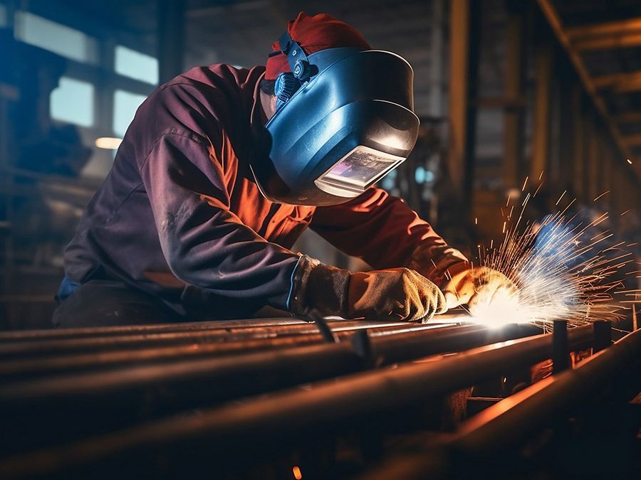 Un hombre que lleva una máscara de soldador está soldando metal en una fábrica.