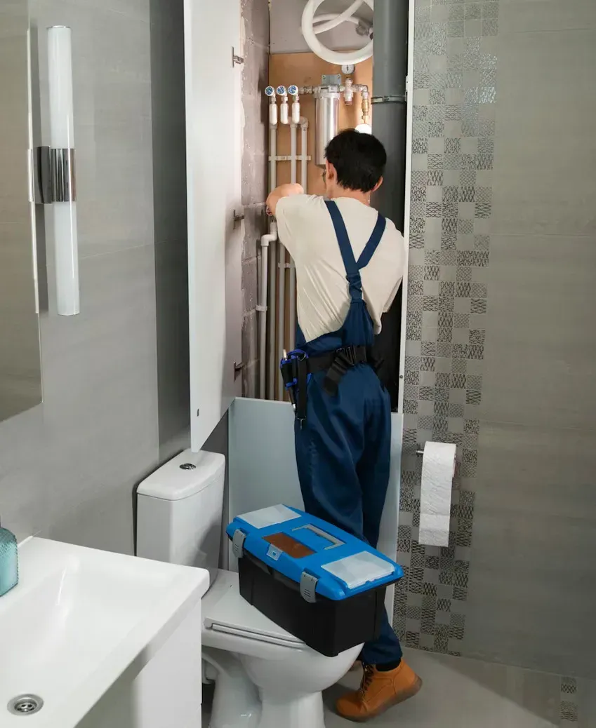 Sinisiin haalareihin pukeutunut henkilö työskentelee kylpyhuoneessa kasvotusten wc-istuimen vieressä olevan seinäkaapin kanssa.