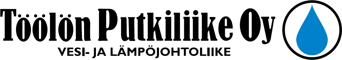 T&ouml;&ouml;l&ouml;n Putkiliike Oy logo with blue water drop and text &ldquo;Vesi- ja l&auml;mp&ouml;johtoliike&rdquo;