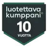 Luotettava kumppani 10 vuotta -merkki vihreällä ja mustalla taustalla