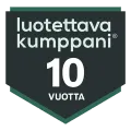 Luotettava kumppani 10 vuotta -merkki vihreällä ja mustalla taustalla