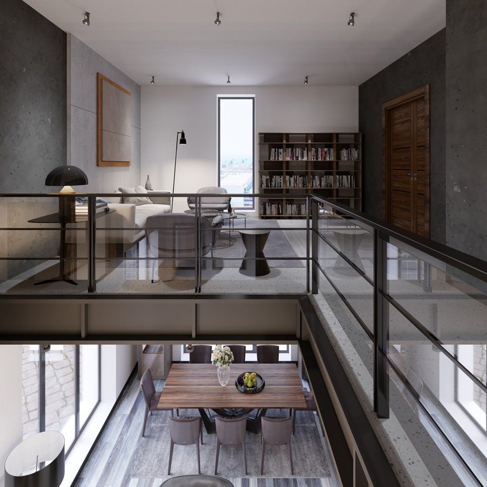 Mezzanine d'une maison avec garde-corps en aluminium et verre