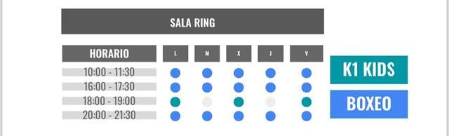 Una imagen de un horario para un gimnasio que muestra los horarios para niños de K1 y en un recuadro.