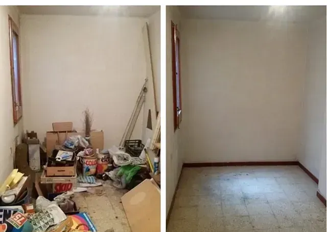 Una foto de antes y después de una habitación desordenada.