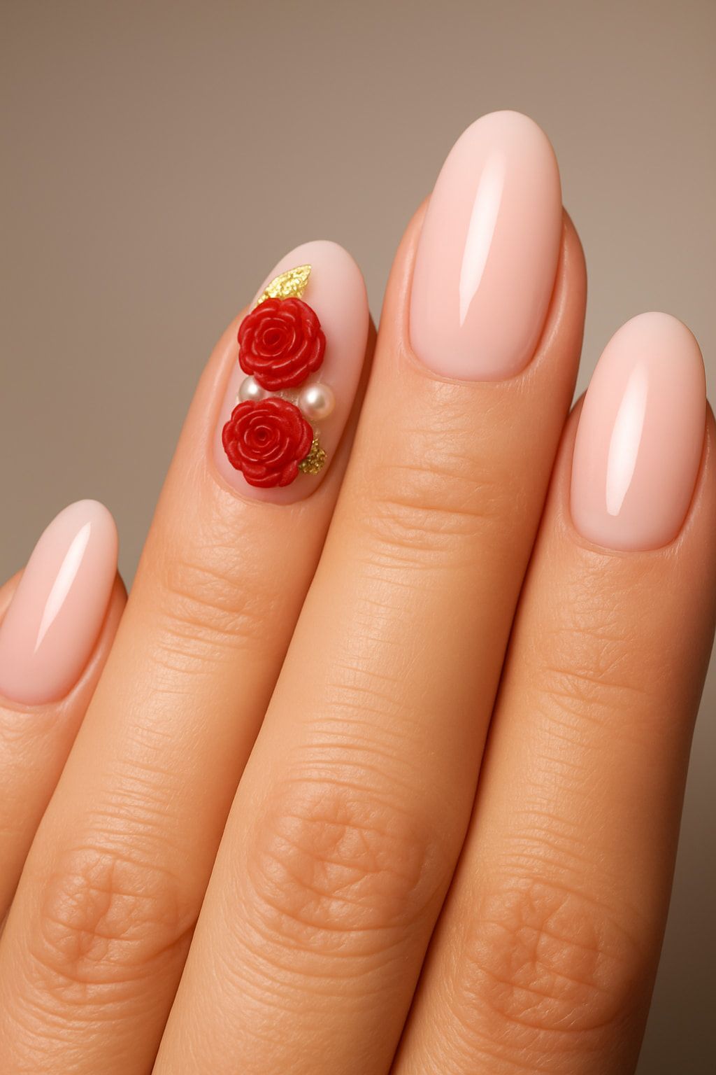 Gros plan sur des ongles nude manucurés, ornés de deux petites roses rouges sur un doigt.
