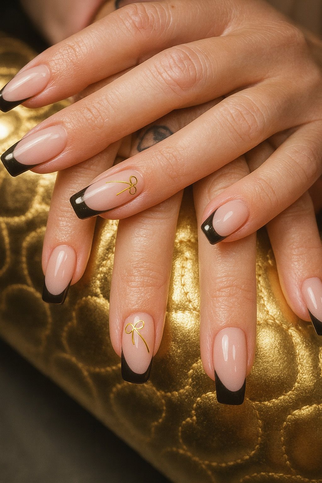 Gros plan sur des mains manucurées, aux ongles nude et noirs, posées sur un tissu à motifs dorés.