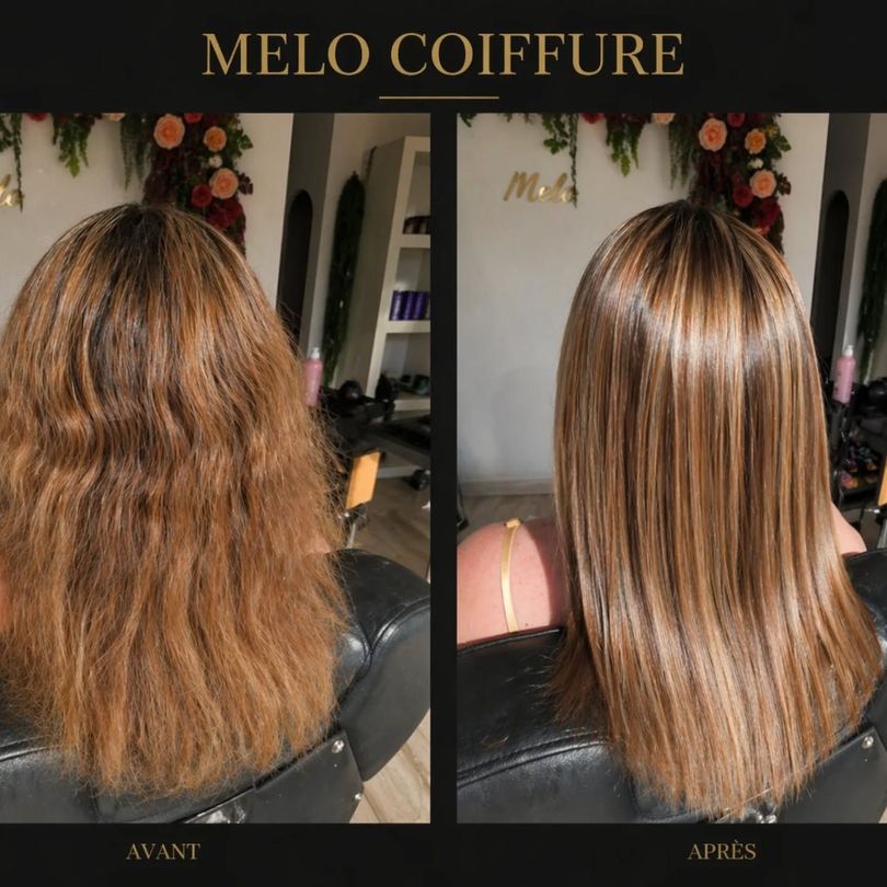 Transformation capillaire avant et après passage en salon : cheveux longs et bruns à gauche, cheveux plus lisses et méchés à droite.
