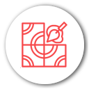 Un icono rojo en un círculo blanco con una hoja y un pincel.