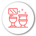 Un icono de inodoro y lavabo de color rojo dentro de un círculo blanco.