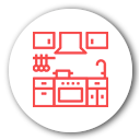 Un icono de cocina rojo en un círculo blanco sobre un fondo blanco.